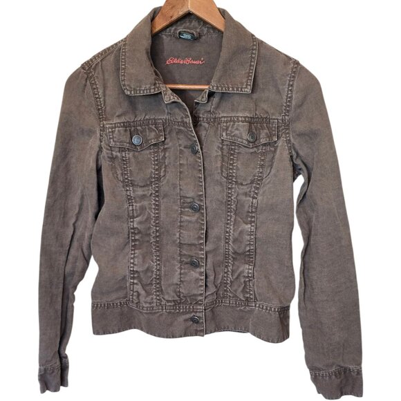 EDDIE BAUER Distressed Brown Linen Trucker Jacket sz S - Picture 1 of 8